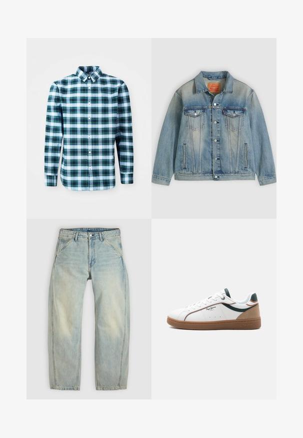 Veste en denim bleu clair avec fermeture bouton, deux poches à rabat sur la poitrine et poches latérales fendues, présentant un délavage et un col classique.; Chemise à manches longues à carreaux verts et blancs avec un col boutonné et des boutons à l'avant. Fabriquée en tissu léger, présentant un design structuré.; Jean large couleur bleu clair en denim. Comprend cinq poches, une fermeture par bouton et des zones délavées pour un aspect usé.; Baskets basses blanches avec semelle marron, accents verts et beige, lacets blancs, et logo "Pepe Jeans London" sur le côté.