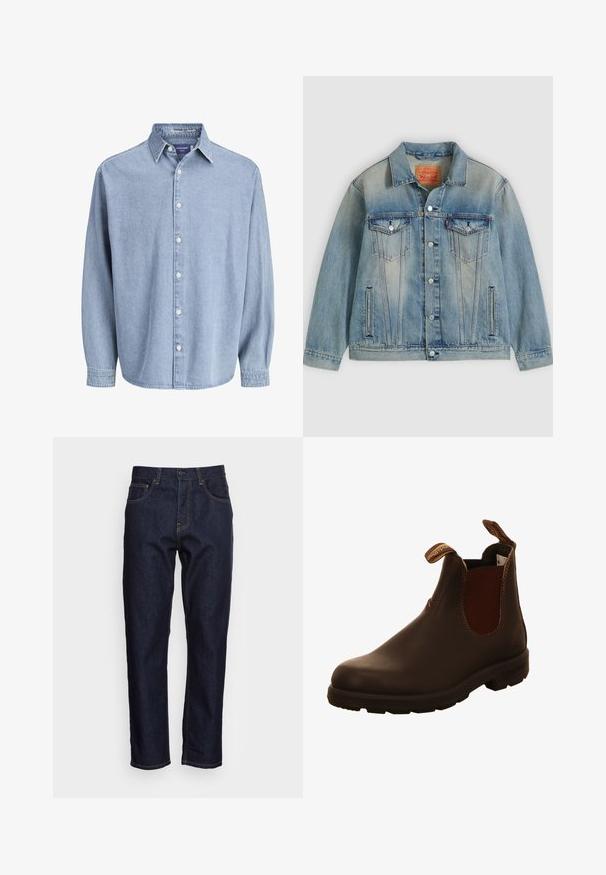 Lyseblå denimjakke med knaplukning foran, to brystlommer med klap og sidelommer med slidser, med falmet vask og klassisk krave.; Lysblå denim skjorte med lange ærmer og knapper, med krave og hvide knapper, præsenteret mod en helt hvid baggrund.; Mørkeblå denimjeans med lige pasform, fem lommer og kontrasterende gul syning. Designet med en klassisk knap- og lynlåslukning.; Brune læderankelbukser med elastiske sidepaneler, trækremme og struktureret gummisål. Glat overflade med kontrasterende syninger.