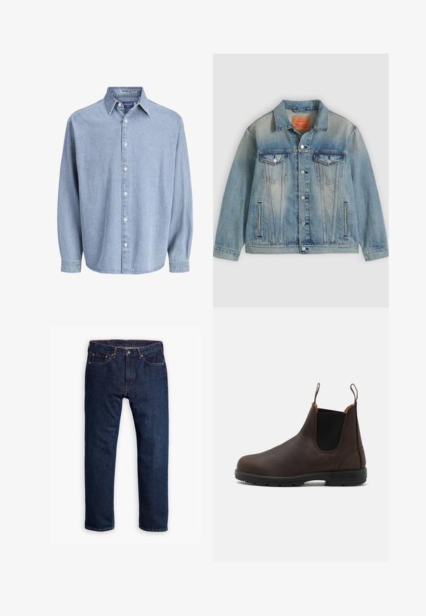 Chaqueta de mezclilla azul claro con cierre de botones, dos bolsillos con solapa en el pecho y bolsillos laterales con abertura, con lavado desgastado y cuello clásico.; Camisa de mezclilla de manga larga color azul claro con cuello y botones blancos, presentada sobre un fondo blanco liso.; Persona que lleva vaqueros rectos azul oscuro, zapatillas blancas y una sudadera verde oliva, con las manos en los bolsillos, de pie frente a un fondo gris.; Botín de piel marrón hasta el tobillo con paneles laterales elásticos y lengüetas en la parte superior, que presenta una superficie texturizada y una suela de goma negra duradera.