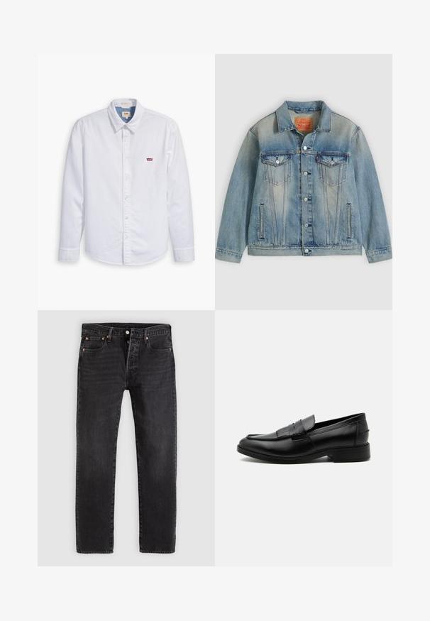 Hellblaue Jeansjacke mit Knopfleiste, zwei Brustklappentaschen und seitlichen Einschubtaschen, ausgestattet mit verwaschenem Waschungseffekt und klassischem Kragen.; Weißes, langärmliges Hemd mit Knopfverschluss aus Baumwolle. Verfügt über einen spitzen Kragen und ein kleines rotes Levi's-Logo auf der linken Brust. Glatte Textur.; Schwarze Denim-Jeans mit geradem Schnitt, ausgestattet mit zwei Fronttaschen, einer Münztasche und Metallnieten. Klassisches Fünf-Taschen-Design.; Schwarzer Leder-Herrenloafer mit Quasten-Detail, abgerundeter Spitze, niedrigem Absatz und glatter, polierter Oberfläche, von der Seite auf weißem Hintergrund dargestellt.