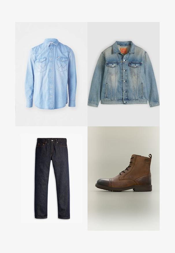 Hellblaue Jeansjacke mit Knopfleiste, zwei Brustklappentaschen und seitlichen Einschubtaschen, ausgestattet mit verwaschenem Waschungseffekt und klassischem Kragen.; Hellblaues Denim-Hemd mit langen Ärmeln, spitzem Kragen, zwei Brusttaschen mit Zickzackstickmustern und Knopfverschluss.; Dunkelblaue Jeans aus Denim mit geradem Schnitt, fünf Taschen-Design, kupfernen Nieten, gelben Nähten und einem ausgeprägten strukturierten Stoff.; Brauner Leder-Schnürstiefel bis zum Knöchel mit schwarzer Zehenkappe, runder Sohle und Markenlabel an der Seite vor schlichtem Hintergrund.
