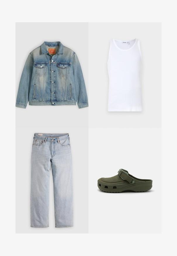 Lyseblå denimjakke med knaplukning foran, to brystlommer med klap og sidelommer med slidser, med falmet vask og klassisk krave.; Hvid bomulds tanktop med rund hals og brede stropper. Glat tekstur, ingen mønstre, enkelt design og mærkeetiket på halsudskæringen.; Lyseblå lige ben jeans med høj talje, knaplukning samt for- og baglommer, præsenteret på en flad overflade.; Grøn gummi klipklap med justerbar rem og ventilationshuller. Glat tekstur, rundt tåparti og hævet sål for komfort.