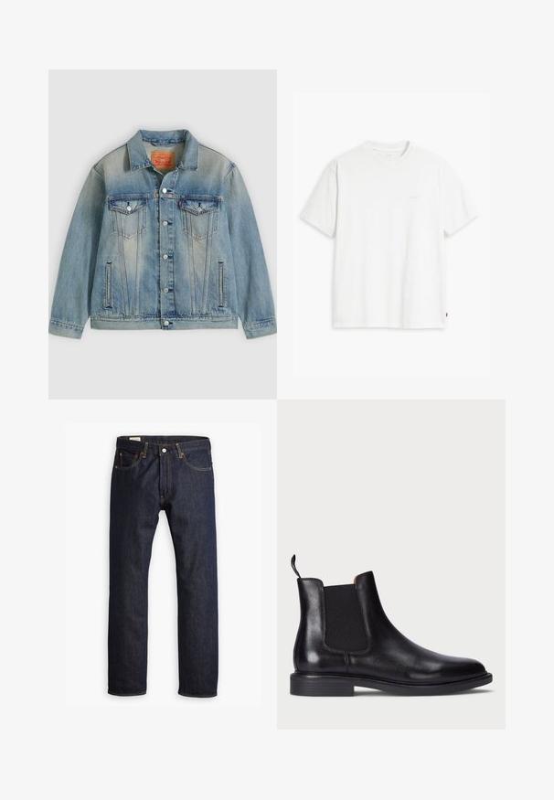 Hellblaue Jeansjacke mit Knopfleiste, zwei Brustklappentaschen und seitlichen Einschubtaschen, ausgestattet mit verwaschenem Waschungseffekt und klassischem Kragen.; Weißes Baumwoll-T-Shirt mit kurzen Ärmeln, rundem Ausschnitt und einem dezenten "Levi's"-Logo in heller Farbe auf der Vorderseite.; Dunkelblaue Jeans aus Denim mit geradem Bein, orangefarbener Naht und Fünf-Taschen-Stil sowie einer Metallknopfverschluss.; Schwarze Leder Chelsea-Stiefel mit elastischen Seitenteilen, strukturiertem Finish, abgerundeter Spitze und niedrigem, gestapeltem Absatz. Verfügt über eine Zuglasche für leichtes Anziehen.