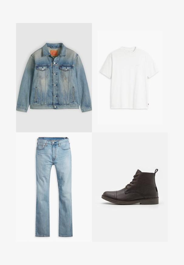 Hellblaue Jeansjacke mit Knopfleiste, zwei Brustklappentaschen und seitlichen Einschubtaschen, ausgestattet mit verwaschenem Waschungseffekt und klassischem Kragen.; Weißes Baumwoll-T-Shirt mit kurzen Ärmeln, rundem Ausschnitt und einem dezenten "Levi's"-Logo in heller Farbe auf der Vorderseite.; Hellblaue Jeans aus Denim, mit geradem Bein, fünf Taschen, kontrastierenden Nähten und einem Knopfverschluss am Bund.; Braune Lederstiefeletten mit glatter Textur, runder Zehenpartie, sechs Metallösen und einer Schlaufe an der Rückseite. Flache Gummisohle.