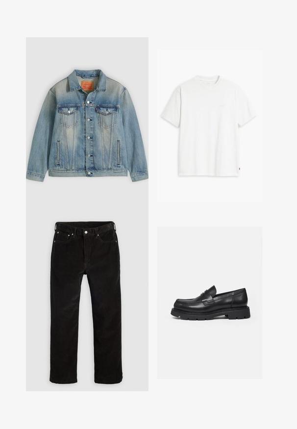 Lyseblå denimjakke med knaplukning foran, to brystlommer med klap og sidelommer med slidser, med falmet vask og klassisk krave.; Hvid t-shirt i bomuld med korte ærmer, rund halsudskæring og en diskret "Levi's"-logo trykt i lyse farver på forsiden.; Sorte corduroy lige bukser med frontknap, lynlås, bæltestropper og fem-lomme design på en ensfarvet lys baggrund.; Sort læderloafer med tyk rillede sål og penny-remdetalje, vist i højre sideprofil på hvid baggrund.