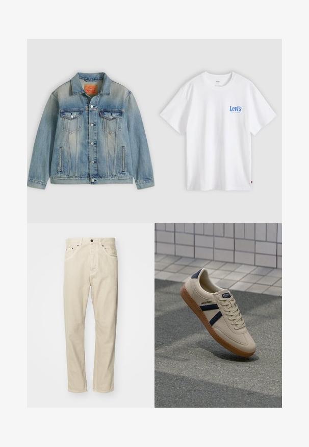 Lyseblå denimjakke med knaplukning foran, to brystlommer med klap og sidelommer med slidser, med falmet vask og klassisk krave.; Hvid Levi's t-shirt med korte ærmer, blå logo tekst på venstre bryst og lille rødt mærke i sidesøm mod en lys grå baggrund.; Beige, bomuldsbukser med lige pasform, fem lommer og metalhardware detaljer. Glat tekstur med minimale syninger.; Beige sneaker med struktureret overflade, marineblå striber og gummisål. Har en polstret tunge og traditionelt snørresystem for en sikker pasform.