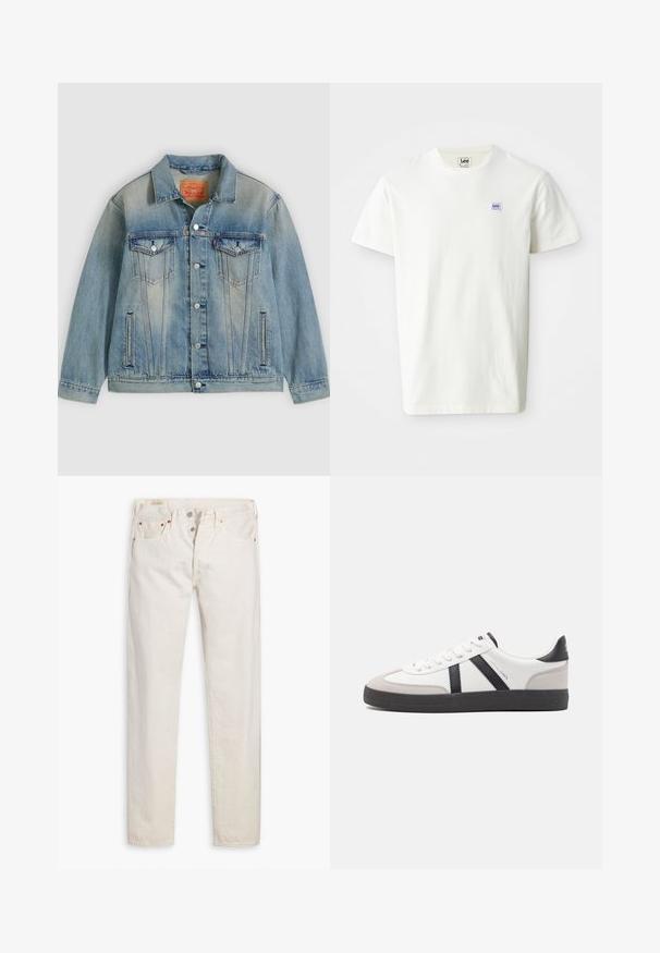 Hellblaue Jeansjacke mit Knopfleiste, zwei Brustklappentaschen und seitlichen Einschubtaschen, ausgestattet mit verwaschenem Waschungseffekt und klassischem Kragen.; Weißes Baumwoll-T-Shirt mit Rundhalsausschnitt und kurzen Ärmeln. Auf der linken Brust befindet sich ein kleines rechteckiges Logo von Lee in lila und blau.; Helle, hoch geschnittene Slim-Fit-Jeans in Off-White mit Knopfverschluss, fünf Taschen und kupferfarbenen Nieten, flach auf einem weißen Hintergrund gelegt.; Weiße Sneaker mit schwarz- und grau-aczenten, ausgestattet mit einer strukturierten grauen Zehenkappe, schwarzer Gummi-Sohle und flachen weißen Schnürsenkeln. Sauberes Design, minimalistische Stil.