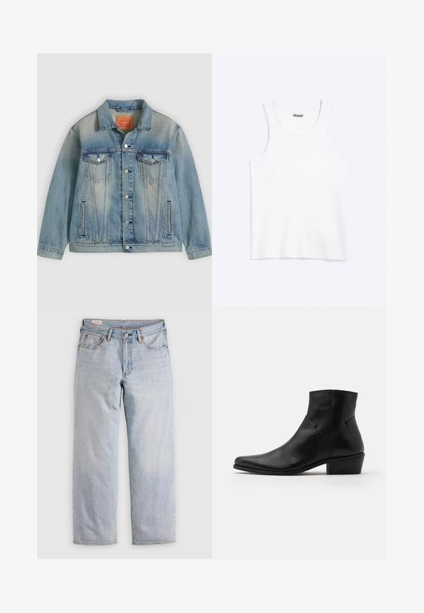 Veste en denim bleu clair avec fermeture bouton, deux poches à rabat sur la poitrine et poches latérales fendues, présentant un délavage et un col classique.; Débardeur blanc sans manches avec col rond et étiquette de la marque Weekday à l'intérieur du col arrière, présenté à plat sur un fond clair.; Jeans droits bleu clair à taille haute, avec fermeture à boutons et poches avant et arrière, présentés sur une surface plate.; Bottine en cuir noir à bout pointu, avec des détails de couture minimalistes, un talon carré de hauteur intermédiaire et une finition lisse et brillante.