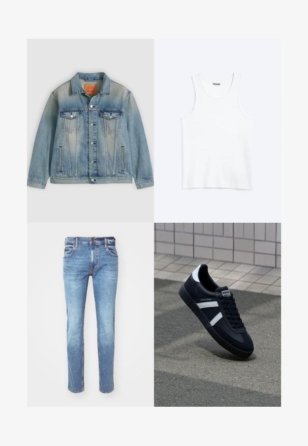 Chaqueta de mezclilla azul claro con cierre de botones, dos bolsillos con solapa en el pecho y bolsillos laterales con abertura, con lavado desgastado y cuello clásico.; Camiseta sin mangas blanca con cuello redondo y etiqueta de la marca Weekday en el interior del cuello trasero, mostrada plana sobre un fondo claro.; Jeans de mezclilla azul claro con corte recto, diseño de cinco bolsillos y costuras en contraste, exhibiendo un acabado desgastado y un corte clásico.; Zapatilla de cuero negra con rayas blancas, suela de goma texturizada y parte frontal con cordones. Cuenta con una etiqueta de marca en la lengüeta.