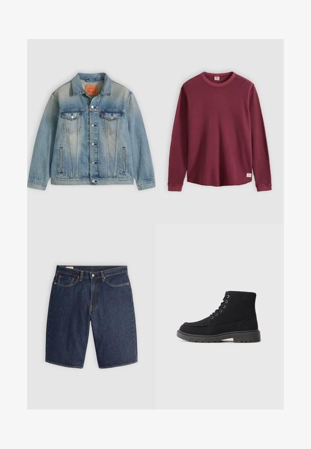 Chaqueta de mezclilla azul claro con cierre de botones, dos bolsillos con solapa en el pecho y bolsillos laterales con abertura, con lavado desgastado y cuello clásico.; Camiseta de manga larga color burdeos con cuello redondo acanalado, mangas con puños y una pequeña etiqueta blanca de Levi's en el dobladillo inferior sobre un fondo liso.; Pantalones cortos de mezclilla en azul oscuro, con un diseño clásico que incluye cinco bolsillos, costuras cosidas, cierre de botón y bolsillos traseros curvados.; Botines negros de ante y material sintético. Punta redondeada, seis ojales con cordones metálicos, suela gruesa de goma y detalles de texto mínimos.