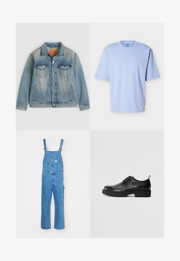 Veste en denim bleu clair avec fermeture bouton, deux poches à rabat sur la poitrine et poches latérales fendues, présentant un délavage et un col classique.; T-shirt bleu clair à manches courtes avec col rond, coupe ample et petit logo discret sur le côté gauche de la poitrine.; Salopette en denim avec bretelles réglables, jambes larges et une poche frontale avec une étiquette. Couleur bleu clair avec une finition texturée.; Chaussure en cuir noir à bout arrondi, présentant un design à lacets, une semelle en caoutchouc noire robuste et un petit onglet de talon à l'arrière.