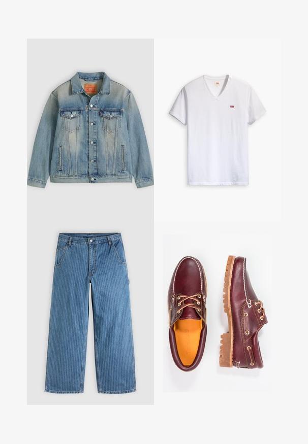 Veste en denim bleu clair avec fermeture bouton, deux poches à rabat sur la poitrine et poches latérales fendues, présentant un délavage et un col classique.; T-shirt blanc en coton à col en V avec des manches courtes et un petit logo rouge Levi's sur la poitrine. Texture douce, design décontracté.; Jean bleu à jambes larges avec fines rayures verticales blanches, poches avant, passants pour ceinture et fermeture par bouton à la taille.; Chaussures en cuir bourgogne avec semelles en caoutchouc marron, bout rond, couture blanche et œillets dorés. L'intérieur présente une doublure jaune.