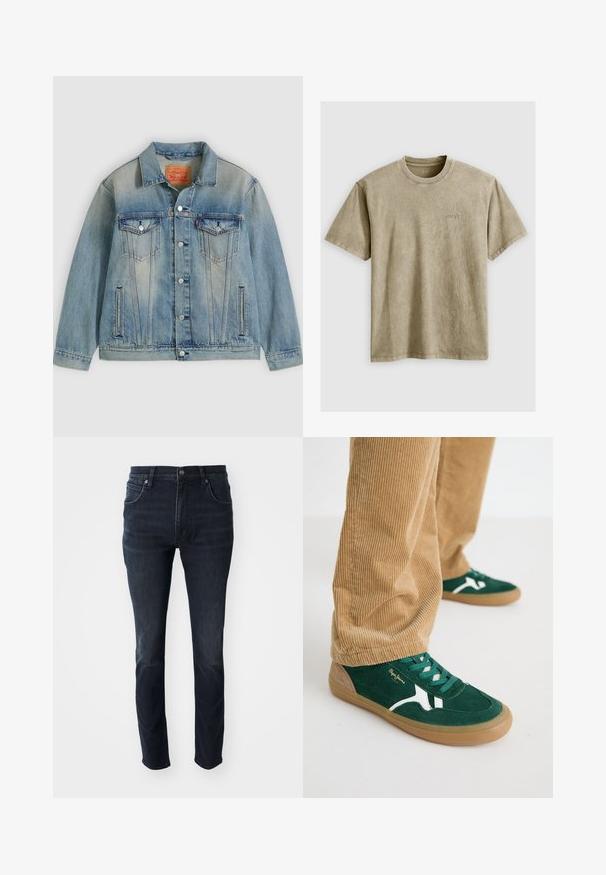 Lyseblå denimjakke med knaplukning foran, to brystlommer med klap og sidelommer med slidser, med falmet vask og klassisk krave.; Lysbrun, kortærmet t-shirt med rund hals, lavet af blødt stof. Har et lille, broderet logo på brystet.; Mørkeblå denimjeans med lige ben, fem-lomme design og en subtil falmeeffekt på lårene, med metalknaplukning.; Grønne svineder sko med hvide accenter og grønne snørebånd. Gummisål, rund tå og tan detaljer på hælen. Båret med fløjl bukser.