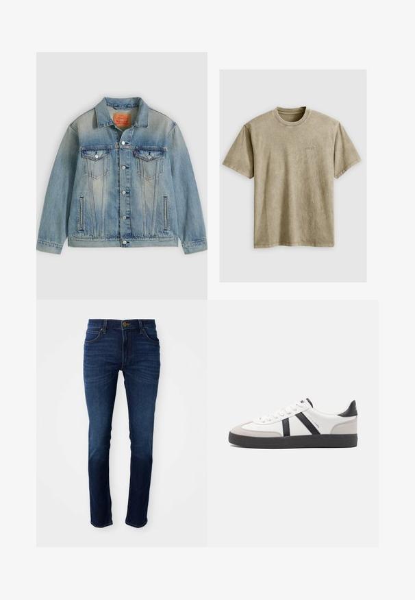 Veste en denim bleu clair avec fermeture bouton, deux poches à rabat sur la poitrine et poches latérales fendues, présentant un délavage et un col classique.; T-shirt marron clair à manches courtes avec un col rond, fabriqué en tissu doux. Présente un petit logo brodé sur la poitrine.; Jean en denim bleu foncé avec une coupe droite classique, doté d'une fermeture à bouton et de cinq poches. Le tissu a une texture lisse.; Baskets blanches avec des accents noirs et gris, présentant un embout texturé gris, une semelle en caoutchouc noir et des lacets plats blancs. Design épuré, style minimaliste.