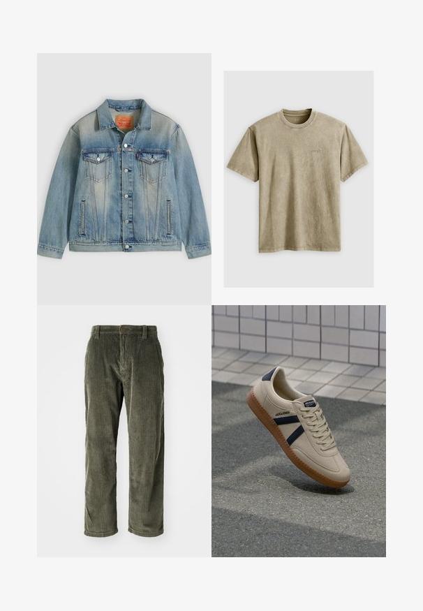 Chaqueta de mezclilla azul claro con cierre de botones, dos bolsillos con solapa en el pecho y bolsillos laterales con abertura, con lavado desgastado y cuello clásico.; Camiseta de manga corta color marrón claro con cuello redondo, hecha de una tela suave. Presenta un pequeño logo bordado en el pecho.; Pantalones de pana color verde oliva con acanalado vertical, que presentan un cierre de botón y un diseño de pierna recta. Textura suave con un ajuste clásico.; Zapatilla beige con acabado texturizado, rayas azul marino y suela de goma. Presenta una lengüeta acolchada y un sistema de cordones tradicional para un ajuste seguro.
