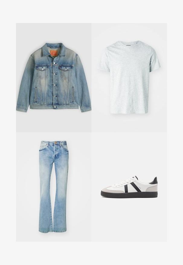 Lyseblå denimjakke med knaplukning foran, to brystlommer med klap og sidelommer med slidser, med falmet vask og klassisk krave.; Lys grå, kortærmet t-shirt lavet af blødt stof, med en rund hals og en let afslappet pasform. Ingen synlige mønstre eller grafik.; Lysblå flagrende jeans lavet af denim, med en falmet vask, forlommer, bæltestropper og en kobberknaplukning.; Hvide sneakers med sorte og grå detaljer, med en tekstureret grå tåhætte, sort gummisål og flade hvide snørebånd. Rent design, minimalistisk stil.