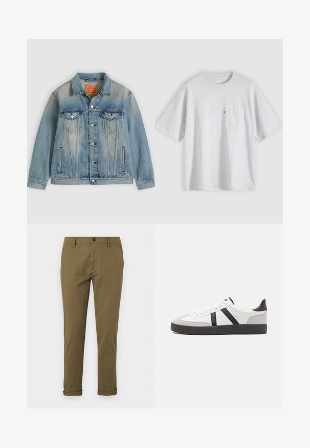 Chaqueta de mezclilla azul claro con cierre de botones, dos bolsillos con solapa en el pecho y bolsillos laterales con abertura, con lavado desgastado y cuello clásico.; Camiseta de manga corta color gris claro con cuello redondo y un pequeño bolsillo en el pecho en el lado izquierdo con una etiqueta roja.; Pantalones chinos khaki de corte ajustado para hombre con trabillas para cinturón, cierre de botón, bolsillos laterales y puños doblados sobre fondo blanco.; Zapatilla blanca con acentos en negro y gris, que presenta una puntera texturizada en gris, suela de goma negra y cordones planos blancos. Diseño limpio, estilo minimalista.