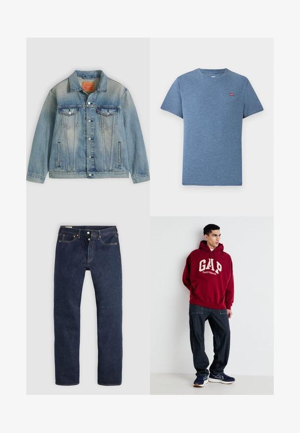 Hellblaue Jeansjacke mit Knopfleiste, zwei Brustklappentaschen und seitlichen Einschubtaschen, ausgestattet mit verwaschenem Waschungseffekt und klassischem Kragen.; Blau meliertes Kurzarm-T-Shirt mit Rundhalsausschnitt und kleinem rotem Levi's-Logo auf der linken Brust.; Dunkelblaue Jeans mit geradem Bein, Knopfleiste, Vorder- und Gesäßtaschen sowie kontrastierender Naht, flach auf hellem Hintergrund liegend.; Bordeauxfarbener Kapuzenpullover mit "GAP" und "TIMES SQUARE" in Creme aufgedruckt, kombiniert mit navyblauen gestreiften Hosen und navyblauen Sneakern mit weißen Akzenten.