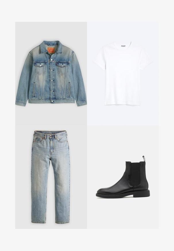 Veste en denim bleu clair avec fermeture bouton, deux poches à rabat sur la poitrine et poches latérales fendues, présentant un délavage et un col classique.; T-shirt blanc uni à manches courtes et col rond avec une étiquette de la marque WEEKDAY visible au niveau du col, présenté sur un fond clair.; Jean en denim bleu clair à taille haute, avec bouton avant, fermeture éclair et design à cinq poches, posé à plat sur un fond neutre.; Botte de cheville en cuir noir avec une texture lisse, des panneaux latéraux élastiques et une languette. Bout rond et semelle en caoutchouc plate avec un minimal de relief.