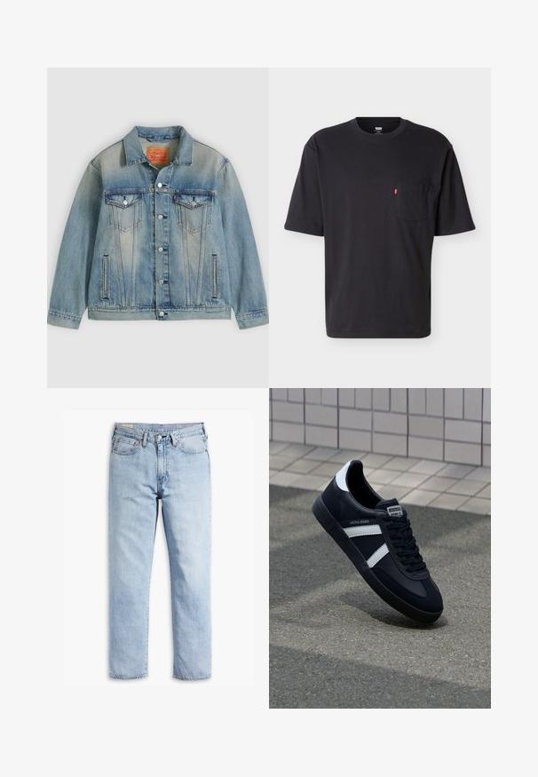 Hellblaue Jeansjacke mit Knopfleiste, zwei Brustklappentaschen und seitlichen Einschubtaschen, ausgestattet mit verwaschenem Waschungseffekt und klassischem Kragen.; Schwarzes T-Shirt mit kurzem Arm, Rundhalsausschnitt und Brusttasche mit kleinem rotem Levi's-Logo-Tab an der Tasche vor einfachem hellem Hintergrund.; Hellblaue Denim-Jeans mit geradem Bein, fünf Taschenstil und robusten Nähten. Ausgestattet mit einem Reißverschluss und einem Metallknopf.; Schwarze Leder-Sneaker mit weißen Streifen, strukturiertem Gummisohle und Schnürung. Verfügt über ein Markenetikett auf der Zunge.