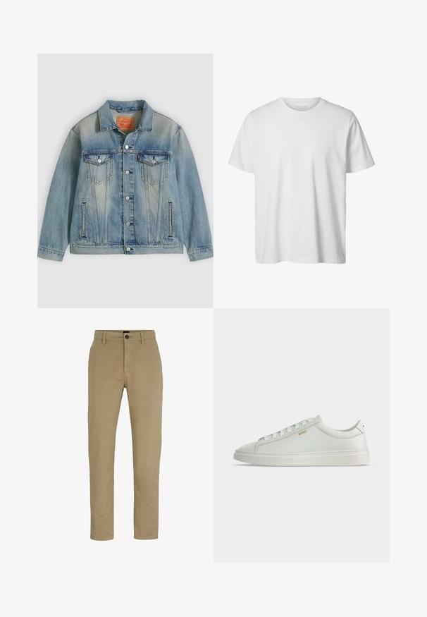Chaqueta de mezclilla azul claro con cierre de botones, dos bolsillos con solapa en el pecho y bolsillos laterales con abertura, con lavado desgastado y cuello clásico.; Camiseta blanca lisa de manga corta con cuello redondo, corte holgado y sin logos o diseños visibles en el frente.; Chinos de algodón beige con un ajuste slim, frente plano y cierre de botón. Presenta trabillas para cinturón y bolsillos laterales para mayor funcionalidad.; Zapatilla blanca de cuero de corte bajo con cordones, suela plana y pequeño logo dorado "BOSS" en el lateral, vista desde el lado exterior.