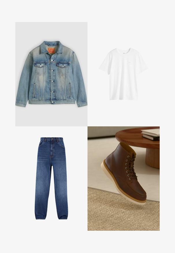 Hellblaue Jeansjacke mit Knopfleiste, zwei Brustklappentaschen und seitlichen Einschubtaschen, ausgestattet mit verwaschenem Waschungseffekt und klassischem Kragen.; Schlichtes weißes T-Shirt mit kurzen Ärmeln und Rundhalsausschnitt, mit einem kleinen Logo auf der linken Brustseite, auf weißem Hintergrund dargestellt.; Denim-Jeans in Dunkelblau. Hoch tailliertes Design mit lockerer Passform. Verfügt über Fronttaschen und einen dezenten Ausbleichungseffekt an den Beinen.; Braune Leder-Ankle-Boots mit beiger Sohle auf einem strukturierten beigen Teppich neben einem runden Holztisch mit gestapelten Büchern.