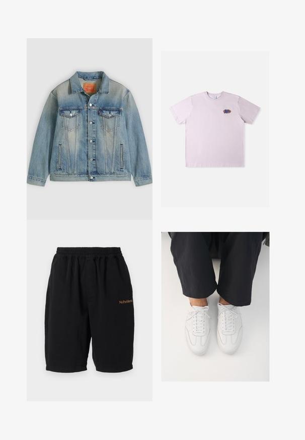 Veste en denim bleu clair avec fermeture bouton, deux poches à rabat sur la poitrine et poches latérales fendues, présentant un délavage et un col classique.; T-shirt en coton rose à manches courtes, avec un petit logo multicolore sur la partie gauche de la poitrine. Design simple et décontracté.; Shorts en coton noirs avec une taille élastique, coupe droite et poches latérales. Présente l'inscription "No Problemo" brodée en orange sur le devant.; Baskets blanches en cuir avec une texture lisse, bout rond et système de laçage classique, positionnées au-dessus de pantalons sombres et amples.
