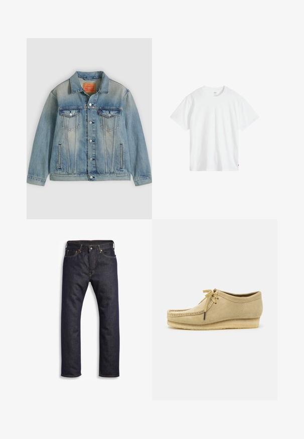 Lyseblå denimjakke med knaplukning foran, to brystlommer med klap og sidelommer med slidser, med falmet vask og klassisk krave.; Hvid bomulds-T-shirt med rund hals, korte ærmer og afslappet pasform. Har et lille mærke nederst til venstre.; Mørkeblå denimjeans med lige snit, fem-lomme design, metalbeslag og kontrasterende orange syninger. Glat tekstur, ingen synlige mønstre.; Beige suedestøvle med snørebåndsdesign, syede detaljer og gummisål. Formen er afslappet med en let hæl.