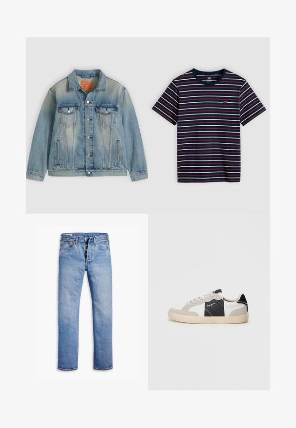 Veste en denim bleu clair avec fermeture bouton, deux poches à rabat sur la poitrine et poches latérales fendues, présentant un délavage et un col classique.; T-shirt bleu marine à manches courtes avec des rayures horizontales blanches et rouges ainsi qu'un petit logo Levi's rouge sur la poitrine.; Jeans en denim bleu clair avec une coupe droite, une fermeture à cinq boutons, des passants de ceinture et un délavage subtil. Dispose de deux poches avant et de rivets en cuivre.; Baskets basses blanches et grises en matériaux suédés et en cuir. Dotées d'un accent noir, de coutures blanches et d'une semelle en caoutchouc.