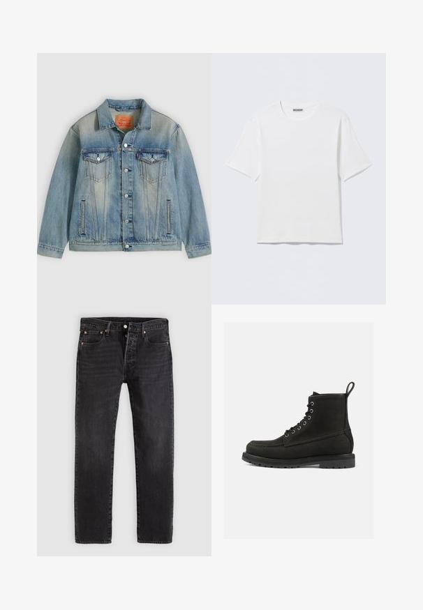 Veste en denim bleu clair avec fermeture bouton, deux poches à rabat sur la poitrine et poches latérales fendues, présentant un délavage et un col classique.; T-shirt blanc uni à manches courtes et col rond, avec une petite étiquette "WEEKDAY" à l'intérieur du col arrière, présenté à plat.; Jean en denim noir à coupe droite, avec deux poches avant, une poche à monnaie et des rivets en métal. Design classique à cinq poches.; Bottines noires en cuir avec un bout arrondi, un laçage, des œillets en métal et une semelle en caoutchouc texturé. Équipées d'une languette décorative.