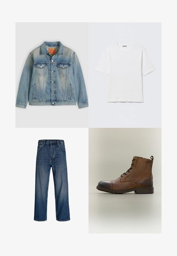 Veste en denim bleu clair avec fermeture bouton, deux poches à rabat sur la poitrine et poches latérales fendues, présentant un délavage et un col classique.; T-shirt blanc uni à manches courtes et col rond, avec une petite étiquette "WEEKDAY" à l'intérieur du col arrière, présenté à plat.; Jean en denim avec une coupe droite, couleur bleu foncé et délavage subtil. Comprend cinq poches et une fermeture à bouton.; Botte cheville en cuir marron à lacets avec bout noir, semelle ronde et détail de marque sur le côté sur fond uni.