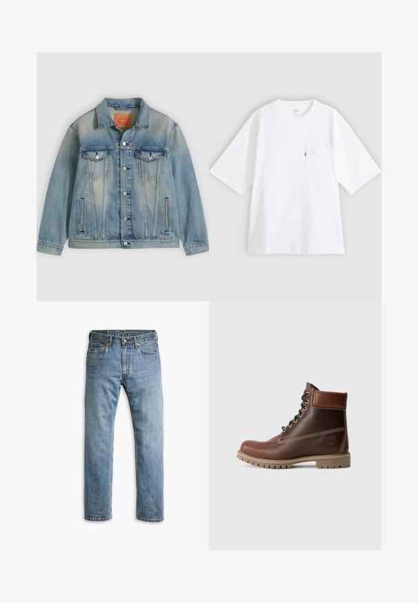 Lyseblå denimjakke med knaplukning foran, to brystlommer med klap og sidelommer med slidser, med falmet vask og klassisk krave.; Hvid bomulds-T-shirt med korte ærmer, rund hals og lomme på venstre bryst. Har en lille rød logoetiket på lommen.; Blå straight-leg denim jeans med fem lommer, bæltestropper og metalknaplukning på en hvid baggrund.; Brun læder snørebånd ankelstøvle med polstret krave, kontrastsyning og robust sål, vist fra ydersiden på en hvid baggrund.