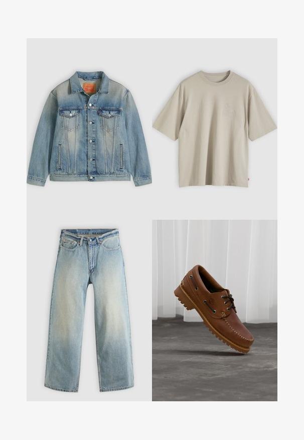 Veste en denim bleu clair avec fermeture bouton, deux poches à rabat sur la poitrine et poches latérales fendues, présentant un délavage et un col classique.; T-shirt beige oversize en coton à manches courtes avec col rond et logo discret en relief sur la poitrine, présenté sur un fond neutre.; Jean denim bleu clair à jambes larges avec une finition délavée. Comprend un design standard à cinq poches et une fermeture à bouton métallique.; Chaussure de bateau en cuir marron avec des lacets noirs, des coutures beiges et une semelle robuste, suspendue au-dessus d'un sol en béton gris.