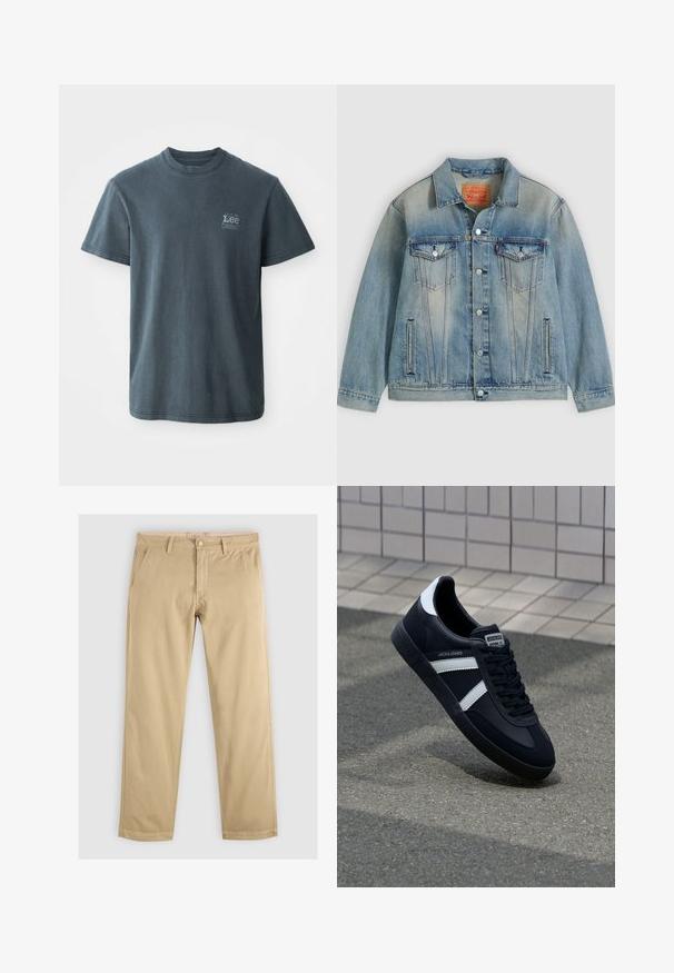 Hellblaue Jeansjacke mit Knopfleiste, zwei Brustklappentaschen und seitlichen Einschubtaschen, ausgestattet mit verwaschenem Waschungseffekt und klassischem Kragen.; Dunkelgraues Baumwoll-T-Shirt mit Rundhalsausschnitt, kurzen Ärmeln und einem kleinen aufgedruckten Logo auf der linken Seite. Klassische Passform mit geradem Saum.; Khaki Chinos mit geradem Bein, ausgestattet mit zwei vorderen Taschen und einem Bund mit Gürtelschlaufen. Hergestellt aus weichem, strapazierfähigem Baumwollstoff.; Schwarze Leder-Sneaker mit weißen Streifen, strukturiertem Gummisohle und Schnürung. Verfügt über ein Markenetikett auf der Zunge.