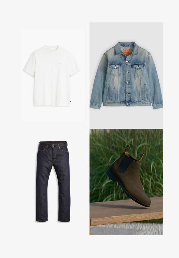 Veste en denim bleu clair avec fermeture bouton, deux poches à rabat sur la poitrine et poches latérales fendues, présentant un délavage et un col classique.; T-shirt en coton blanc à manches courtes, col rond, avec un logo "Levi's" discret imprimé en couleur claire sur le devant.; Jean en denim bleu foncé avec coupe droite, design à cinq poches, matériel en métal et surpiqûres orange contrastantes. Texture lisse, sans motifs visibles.; Bottines Chelsea en daim marron avec des panneaux élastiques latéraux noirs et un talon bas, dotées de languettes au dos et d'une semelle noire lisse.