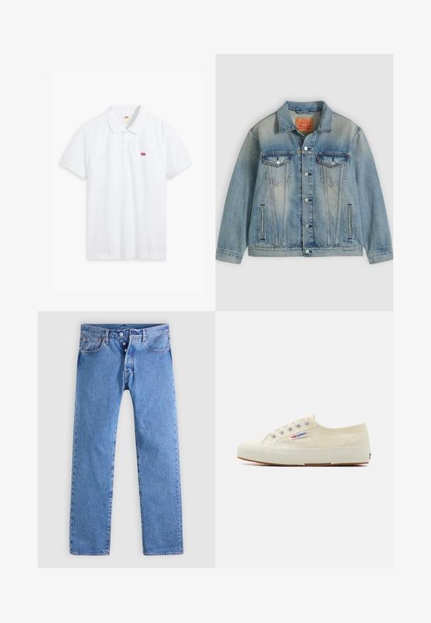Light blue denim jacket with button front, two chest flap pockets, and side slit pockets, featuring faded wash and classic collar.; White polo shirt made of cotton. Features a three-button placket, short sleeves, and a small red Levi's logo on the left chest.; Light blue denim jeans with a straight leg design, five pockets, and two-button fly. Features minimal fading and contrast stitching.; Beige canvas sneaker with a low-profile design, metal eyelets, and rubber sole. Features a textured pattern and logo detail on the side.