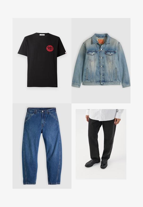 Lyseblå denimjakke med knaplukning foran, to brystlommer med klap og sidelommer med slidser, med falmet vask og klassisk krave.; Sort bomulds T-shirt med korte ærmer, der har et rødt cirkulært print, som inkluderer tallene "981" og ordet "REPLAY."; Blå denimjeans med afslappet pasform, med knaplukning, fem lommer og kontrasterende orange syninger. Glat tekstur over det hele.; Sorte denimbukser parret med skinnende sorte loafers. Skjorten er hvid med tynde lodrette striber, har lange ærmer og en knapkrave.