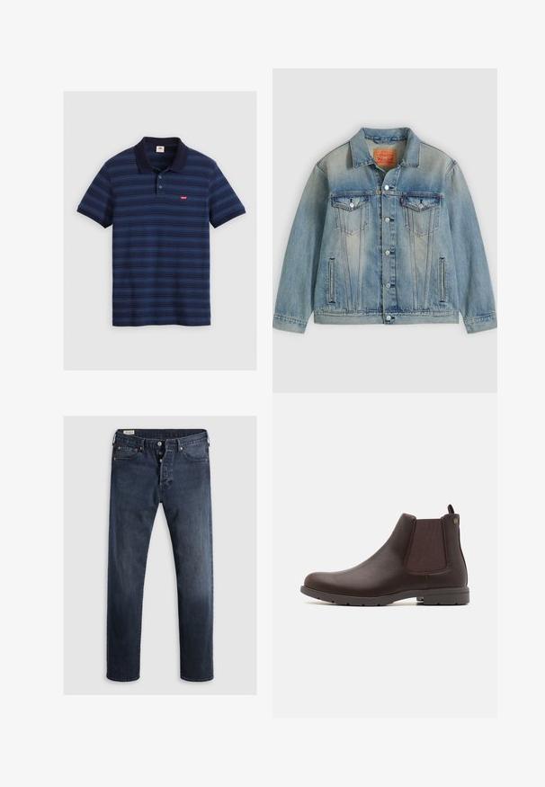 Chaqueta de mezclilla azul claro con cierre de botones, dos bolsillos con solapa en el pecho y bolsillos laterales con abertura, con lavado desgastado y cuello clásico.; Polo en azul marino con rayas horizontales, mangas cortas, un cuello y una tapeta de tres botones. Presenta un pequeño logo en el pecho.; Jeans de mezclilla azul oscuro con corte recto, que cuentan con cremallera, botones metálicos y acentos de remaches de cobre. Textura suave, sin patrones visibles.; Jack & Jones JFWFENCHURCH CHELSEA BOOT - Botines - brown stone