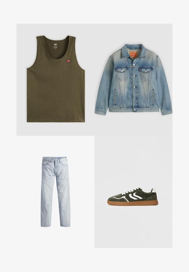 Chaqueta de mezclilla azul claro con cierre de botones, dos bolsillos con solapa en el pecho y bolsillos laterales con abertura, con lavado desgastado y cuello clásico.; Camiseta sin mangas verde oliva hecha de tela suave, con cuello redondo y un pequeño logo rojo en la parte superior izquierda. Diseño simple, sin patrones ni acentos.; Vaqueros de mezclilla de color azul claro con un diseño de pierna recta, cierre de botón, cinco bolsillos y una textura de desgaste sutil. Presenta detalles de metal.; Zapatilla de ante verde con rayas blancas, cordones blancos, un talón acolchado blanco y una suela de goma natural, mostrada de perfil sobre un fondo liso.