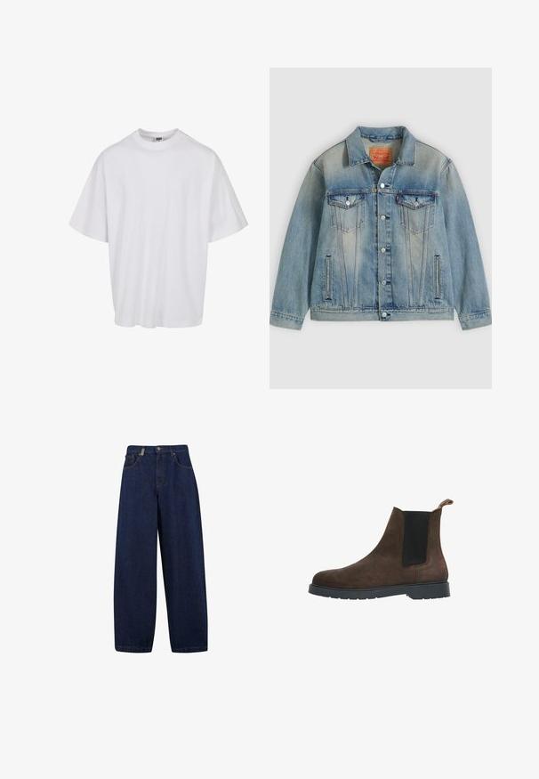 Veste en denim bleu clair avec fermeture bouton, deux poches à rabat sur la poitrine et poches latérales fendues, présentant un délavage et un col classique.; T-shirt en coton blanc avec un col rond et des manches courtes, présentant une coupe ample et des détails de couture subtils.; Jean en denim bleu foncé à taille haute, coupe ample, avec poches avant et jambe droite. Comprend des éléments en métal argenté et des coutures minimales.; Selected SLHTIM CHELSEA BOOT - Bottines - demitasse