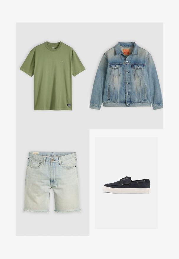 Veste en denim bleu clair avec fermeture bouton, deux poches à rabat sur la poitrine et poches latérales fendues, présentant un délavage et un col classique.; T-shirt en coton vert olive avec un col rond et des manches courtes. Comprend un petit patch logo discret sur la poitrine et une étiquette de marque tissée à l'ourlet.; Shorts en denim bleu clair avec un ourlet effiloché, cinq poches et des coutures contrastées. Présente une fermeture à bouton et une légère usure sur le tissu.; Baskets décontractées en daim bleu marine avec semelle en caoutchouc blanche, lacets noirs et œillets en métal, vues de côté droit sur fond uni.