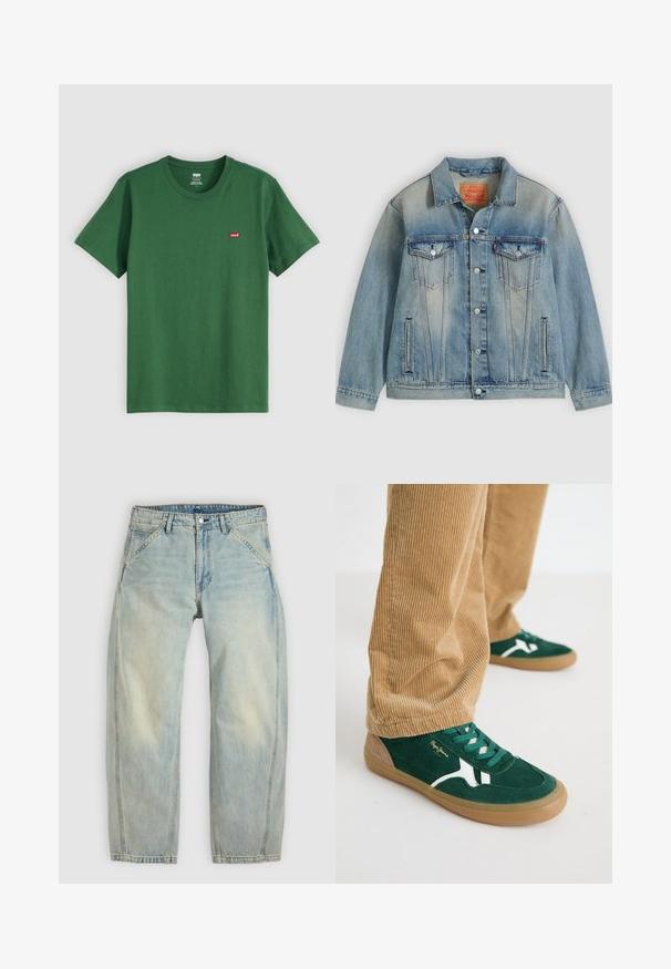 Lyseblå denimjakke med knaplukning foran, to brystlommer med klap og sidelommer med slidser, med falmet vask og klassisk krave.; Grøn bomulds t-shirt med rund hals, korte ærmer og et lille rødt Levi's-logo på venstre bryst. Blød tekstur, standard pasform.; Lys blå jeans med vide ben lavet af denim. Har fem lommer, en knaplukning og falmede områder for et brugt udseende.; Grønne svineder sko med hvide accenter og grønne snørebånd. Gummisål, rund tå og tan detaljer på hælen. Båret med fløjl bukser.