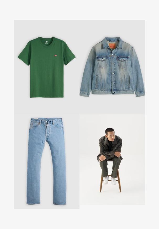 Hellblaue Jeansjacke mit Knopfleiste, zwei Brustklappentaschen und seitlichen Einschubtaschen, ausgestattet mit verwaschenem Waschungseffekt und klassischem Kragen.; Grünes Baumwoll-T-Shirt mit Rundhalsausschnitt, kurzen Ärmeln und einem kleinen roten Levi's-Logo auf der linken Brust. Weicher Stoff, normale Passform.; Hellblaue gerade geschnittene Jeans aus Denim mit Knopfverschluss, Gürtelschlaufen sowie Vorder- und Hintertaschen, auf einem weißen Hintergrund präsentiert.; Junger Mann in dunkler Lederjacke und Jeans sitzt auf einem Holzstuhl, lehnt sich mit verschränkten Armen nach vorne und schaut seitlich vor weißem Hintergrund.
