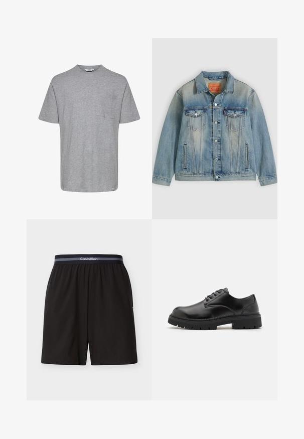 Veste en denim bleu clair avec fermeture bouton, deux poches à rabat sur la poitrine et poches latérales fendues, présentant un délavage et un col classique.; T-shirt gris à manches courtes en tissu doux. Présente un col rond et une poche sur la poitrine gauche, avec un ourlet droit. Design minimaliste.; Shorts noirs Calvin Klein pour hommes avec taille élastique et bande de marque, longueur au genou, design uni, présentés à plat sur fond blanc.; Chaussures en cuir noir avec un bout rond, un laçage et une semelle en caoutchouc épaisse et texturée. Présente des coutures le long du bord et une finition lisse.