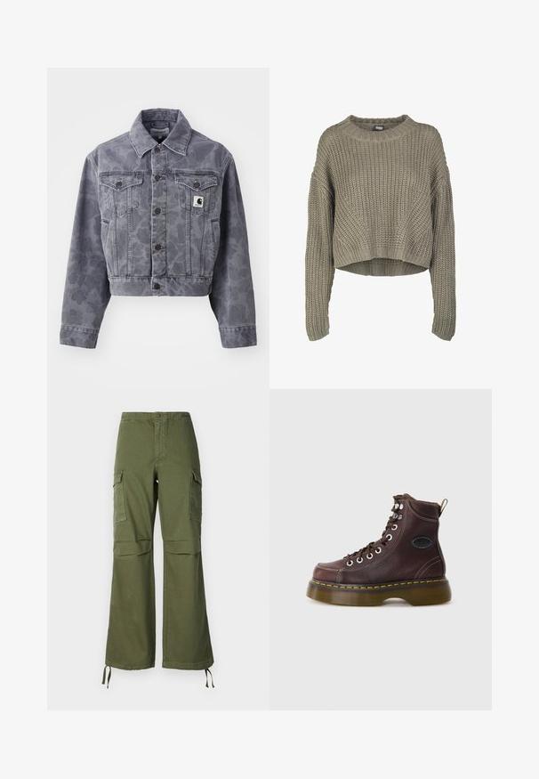 Gekürzte graue Jeansjacke mit subtiler Musterung, knöpfbarem Vorderteil, spitzem Kragen und zwei Brusttaschen mit einem Logopatch.; Olivgrüner, verkürzter Strickpullover mit strukturiertem Muster, rundem Ausschnitt und langen Ärmeln. Dicke Rippstruktur am Saum und an den Bündchen.; Olivegrüne Cargo-Hose aus Baumwolle mit weitem Bein, zwei Seitentaschen und verstellbaren Bändern am Saum.; Braune Leder-Ankle-Boots mit strukturierten Oberflächen, silbernen Ösen und gelben Nähten. Verfügt über eine robuste, transparente Sohle und eine Zuglasche.