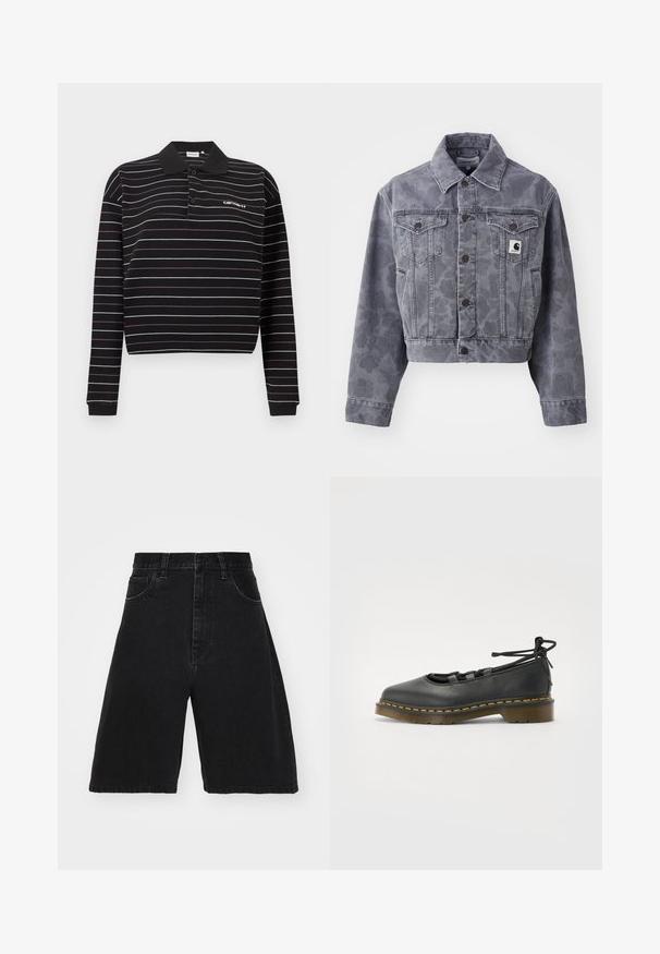 Veste en denim grise, coupée, avec un motif subtil, fermeture boutonnée à l'avant, col pointu et deux poches poitrine avec un patch logo.; Polo à manches longues noir avec de fines rayures horizontales blanches et violettes, deux boutons, et un petit logo blanc sur le côté gauche de la poitrine.; Shorts en jean noir à taille haute, avec un design à jambes larges, dotés de cinq poches et d'une fermeture à bouton. Texture lisse avec un léger délavage.; Chaussure en cuir noir avec un bout rond, un talon bas, des détails en lacets et des coutures jaunes le long de la semelle. Texture lisse avec une finition mate.
