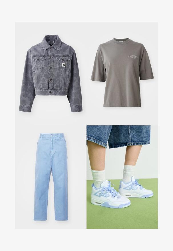 Afskåret grå denimjakke med et subtilt mønster, knaplukning foran, spids krave og to brystlommer med et logo patch.; Grå bomulds T-shirt med korte ærmer, rund hals og et lille Carhartt WIP-logo trykt på fronten. Glat tekstur, afslappet pasform.; Lyseblå denimbukser med lige ben-design, knaplukning og forlommer. Stof har en subtil tekstur med en glat finish.; Hvide og lyseblå sneakers med mesh-detaljer, rund tå, snørebånd og en luftdæmpningsenhed, parret med hvide ribbede sokker og denimshorts.