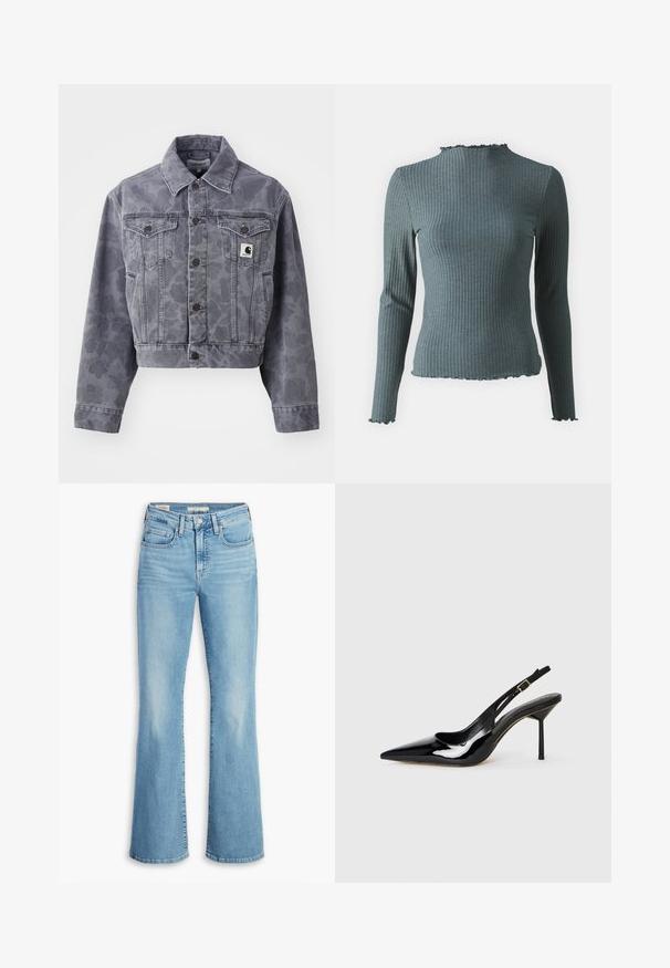 Afskåret grå denimjakke med et subtilt mønster, knaplukning foran, spids krave og to brystlommer med et logo patch.; Ribbet langærmet top i mørkegrøn med en tætsiddende form, scallop-udskæring ved halsen og kant. Blød tekstur og subtile lodrette striber.; Lyseblå flared jeans i denim med høj talje, fem lommer, diskret falming og en klassisk syet kant. Glat tekstur, afslappet design.; Sorte patentlæder spidse tå slingback stiletto hæl sko med en tynd rem og guld spænde på en hvid baggrund.
