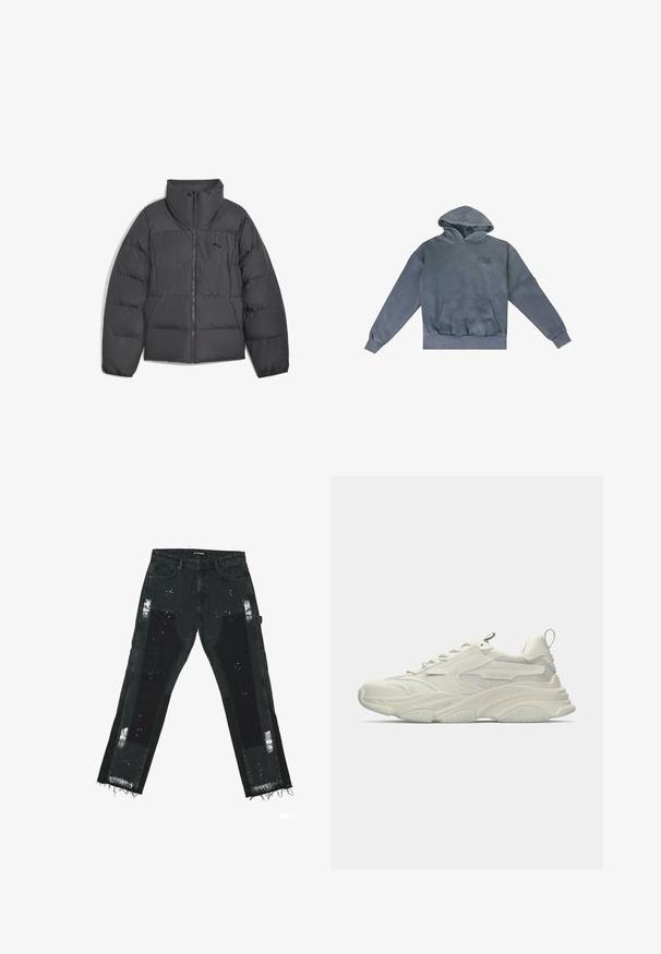 Zwarte gewatteerde jas met hoge kraag, ritssluiting, doorgestikte textuur en een klein Puma-logo op de linkerkant van de borst.; Grijze pullover hoodie van zachte stof, met een voorzak, ribgebreide boorden en een klein logo op de borst.; Zwarte spijkerbroek van denim met gescheurde patches, franje aan de onderkant en textuurelementen. Middelhoge taille met een standaard vijf-pocket ontwerp.; Stevige witte sneaker met mesh accenten, textuurrubberen zool en afgeronde vorm. Voorzien van minimale branding en een trekkoord aan de hiel.