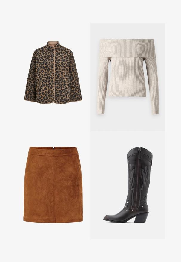 Chaqueta de forro polar con estampado de leopardo marrón y negro, con botones a presión, cuello alto, mangas largas y dos bolsillos delanteros.; Suéter de canalé en color beige claro, con escote caído, mangas largas y un diseño ajustado. Textura suave y un escote amplio.; Minifalda de ante marrón con una textura suave, corte recto y un discreto cierre de cremallera en la parte trasera. Presenta detalles de costura para darle estructura.; Botas de cowboy de cuero marrón con costuras en forma de llama, cremallera lateral, tachuelas plateadas, punta puntiaguda y tacón apilado.